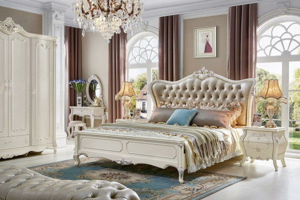 Lit royal Chesterfield Palace Lits en cuir Hôtel Lit double en bois massif