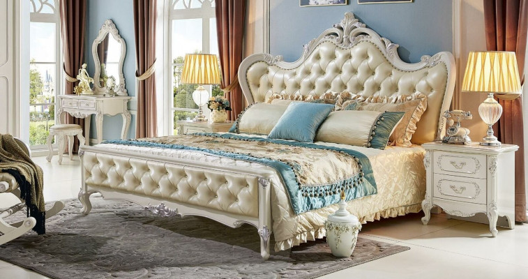 Lit double classique Lits d'hôtel baroques Lit rembourré Chesterfield en bois massif