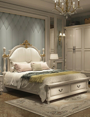 Design de rembourrage de lit luxe Lits doubles d'hôtel en bois baroque royal nouveaux