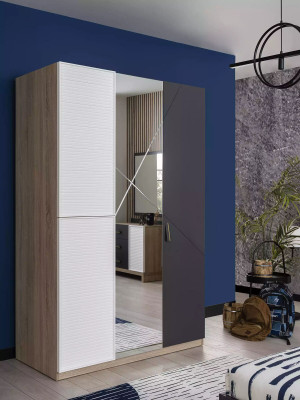 Armoire 3 portes Armoire moderne en bois gris Miroir Chambre d'enfant