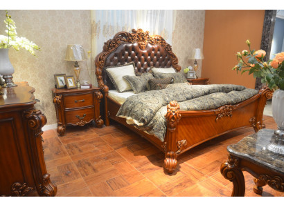 Ensemble de chambre à coucher Lit + 2x Table de chevet Chesterfield Bois Cuir Lits Rembourrage