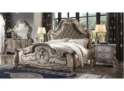 Lit double en bois de design baroque de luxe en argent 200x200cm avec rembourrage pour chambre à coucher.