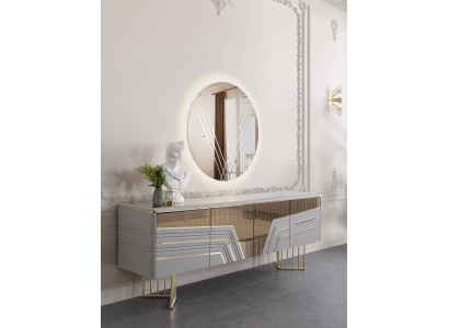 Buffet moderne en argent, miroir rond avec éclairage LED, ensemble de 2 pièces de design