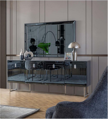 Mobilier de salle à manger gris Miroir en verre Designer Buffet en acier inoxydable Ensemble de luxe