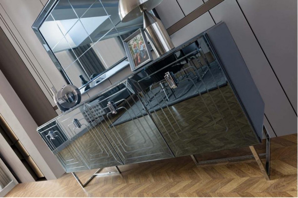 Mobilier de salle à manger gris Miroir en verre Designer Buffet en acier inoxydable Ensemble de luxe