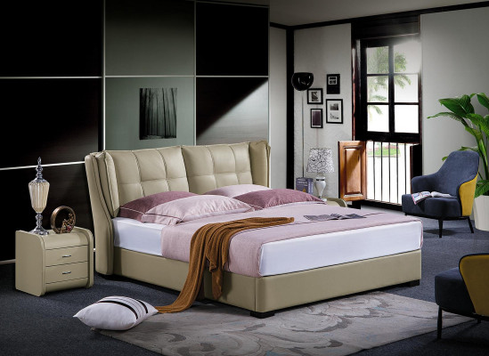 Chambre classique lit beige Textile Sommiers en cuir double capitonné 180x200cm.