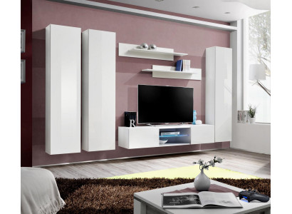 White Wall unit Wall wall cabinet Complete Living room Designer TV lowboard Wood Unité murale Blanche Meuble mural complet pour salon Lowboard TV de designer en bois