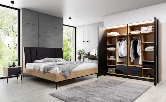 Ensemble de chambre à coucher beige Lit 2x Tables de chevet Armoire Coiffeuse Luxe neuf 5pcs.