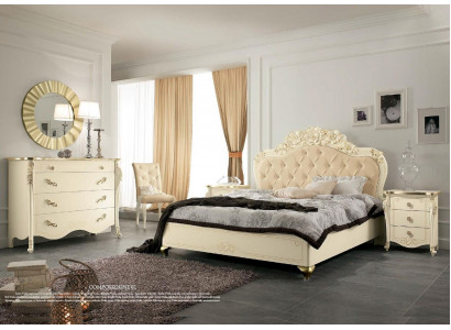 Ensemble de chambre à coucher Beige Lit de chambre Table de chevet Commode Miroir Chaise 6 pièces.